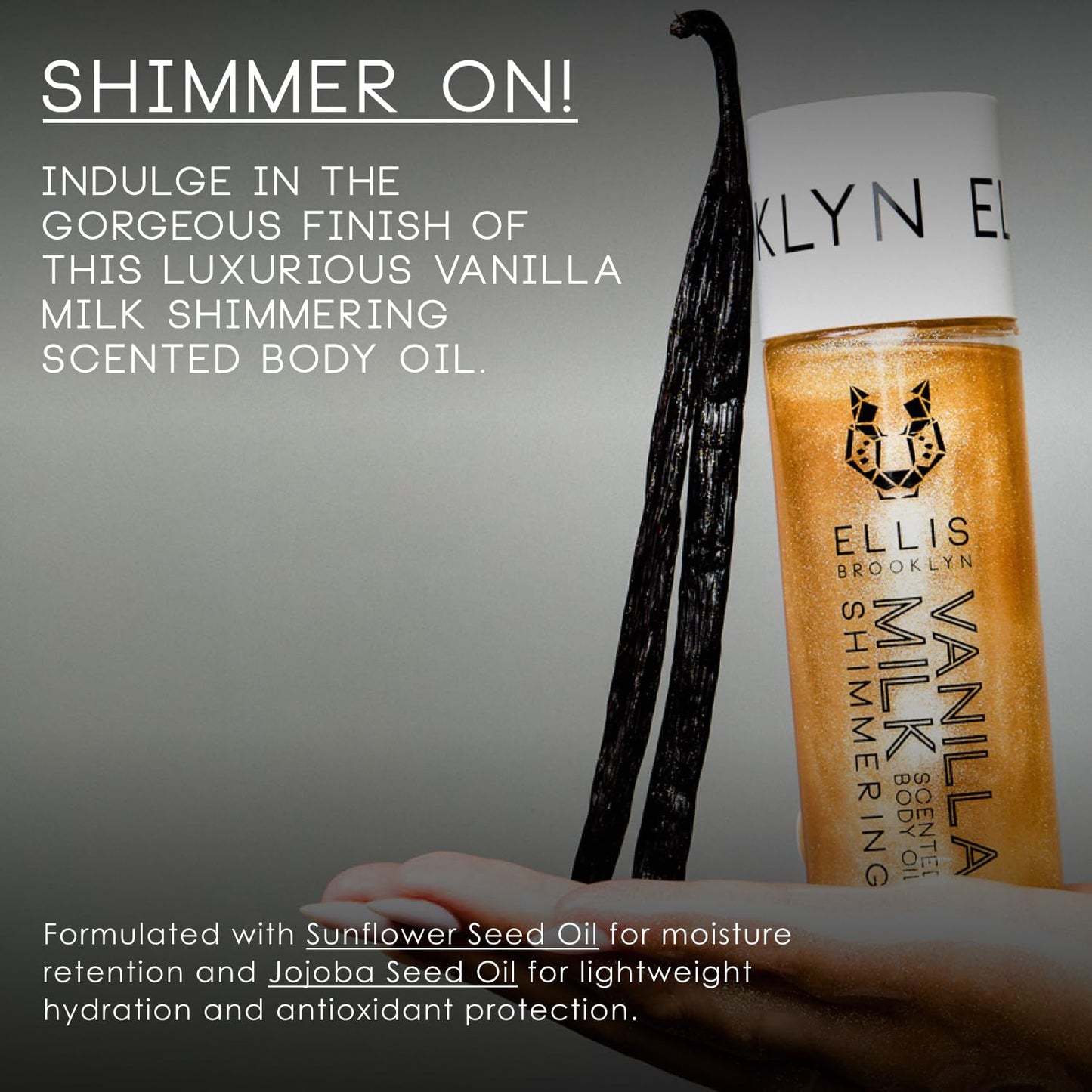Ellis Brooklyn VANILLA MILK Shimmer Scented Body Oil, Champagne Glow, Moisturizing, Fast-Absorbing, Vegan, Cruelty-Free, Sustainable Ingredients, 95ml/3.2 fl oz