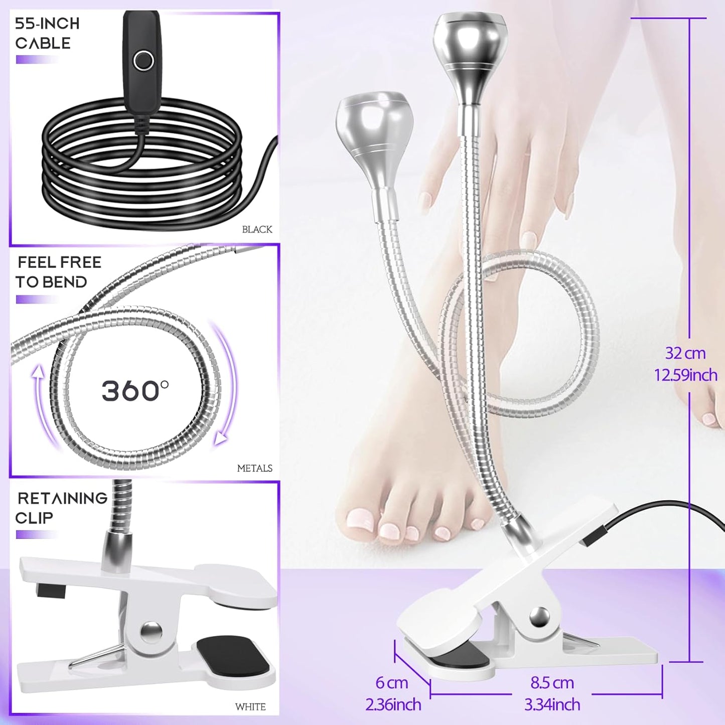 UV Nail Lamp - UV Light for Gel Nails, LED Gooseneck Flash Cure Lamp for Nails, Manicure Dryer Black Light with Clamp, 365+395nm Wavelength 5V 3W 4 Levels Dimming