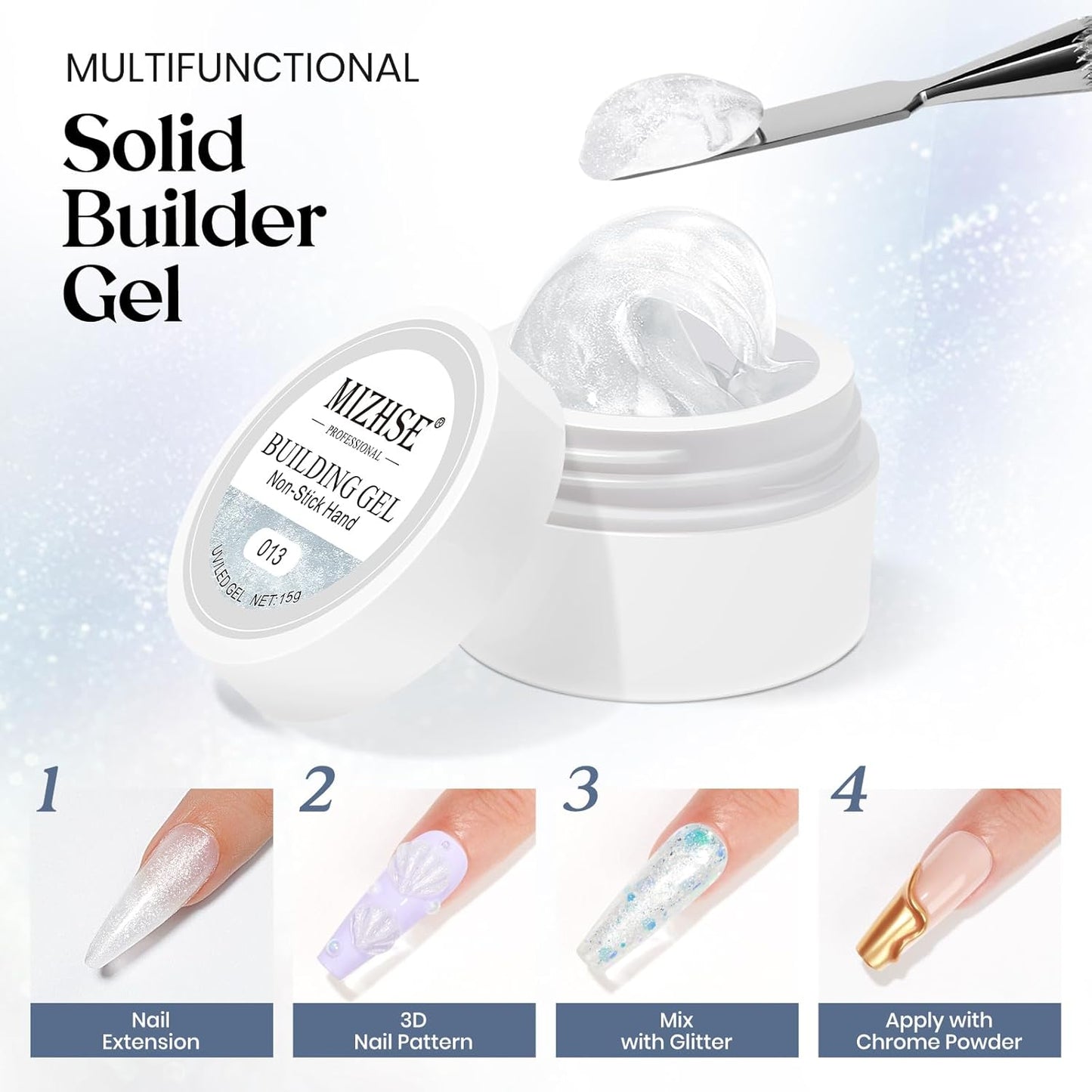 MIZHSE Solid Builder Gel for Nails, Clear Non-Sticky Sculpting Gel, 3D Nail Art Carving Building Modeling Hard Nail Extension Soak Off UV/LED Nail Art Salon Home DIY 15g