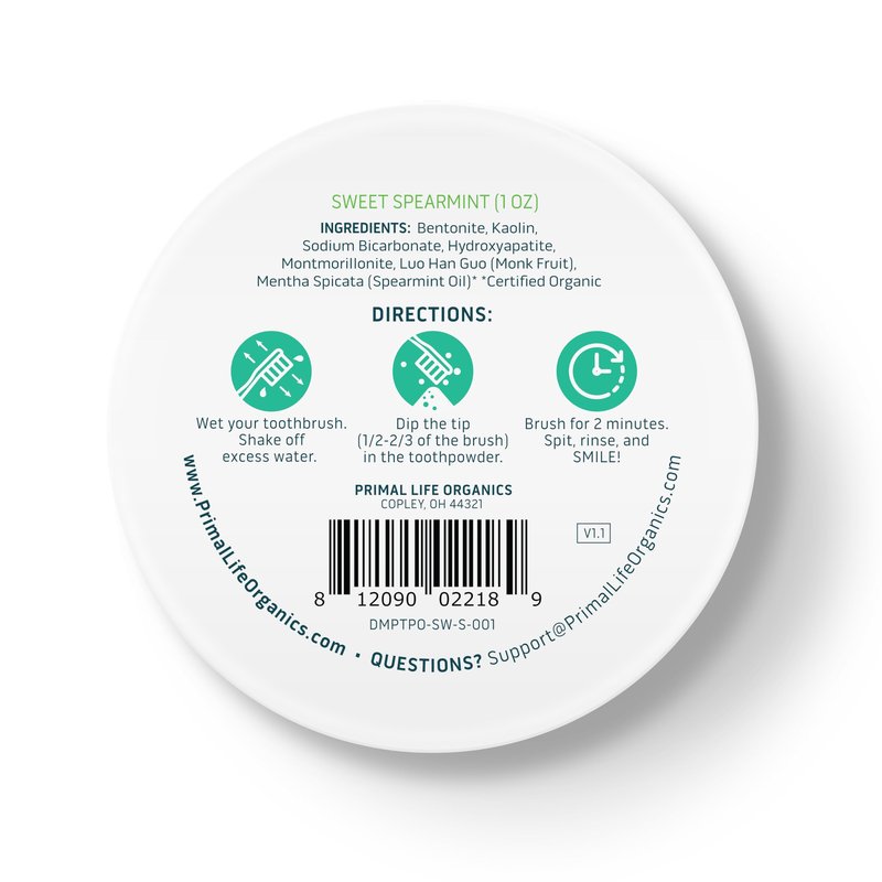 Primal Life Organics - Dirty Mouth Toothpowder, Tooth Cleaning Powder, Flavored Essential Oils with Natural Kaolin & Bentonite Clay, Good for 200+ Brushings, Organic, Vegan (Sweet Spearmint, 1 oz)