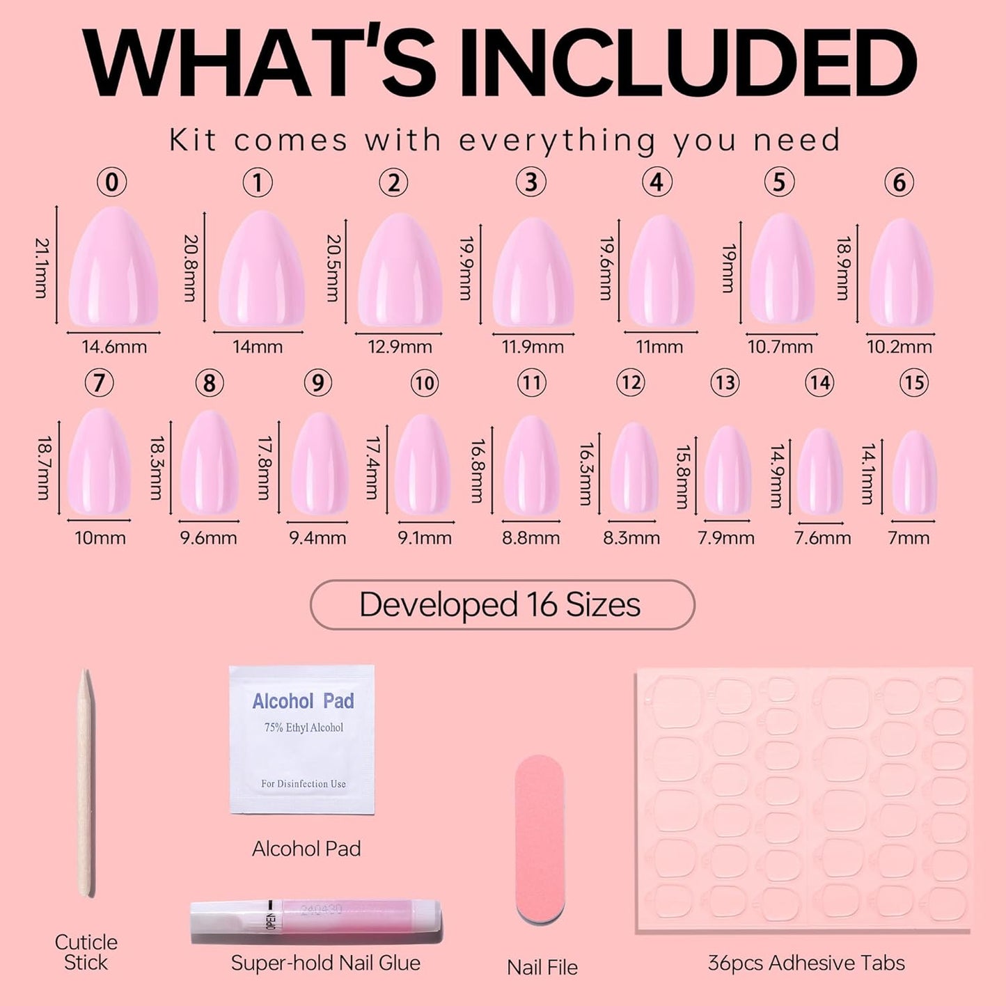 French Almond Gel Press On Nails Short 16 Sizes Fake Nails Glossy 32pcs, Nail Glue Included