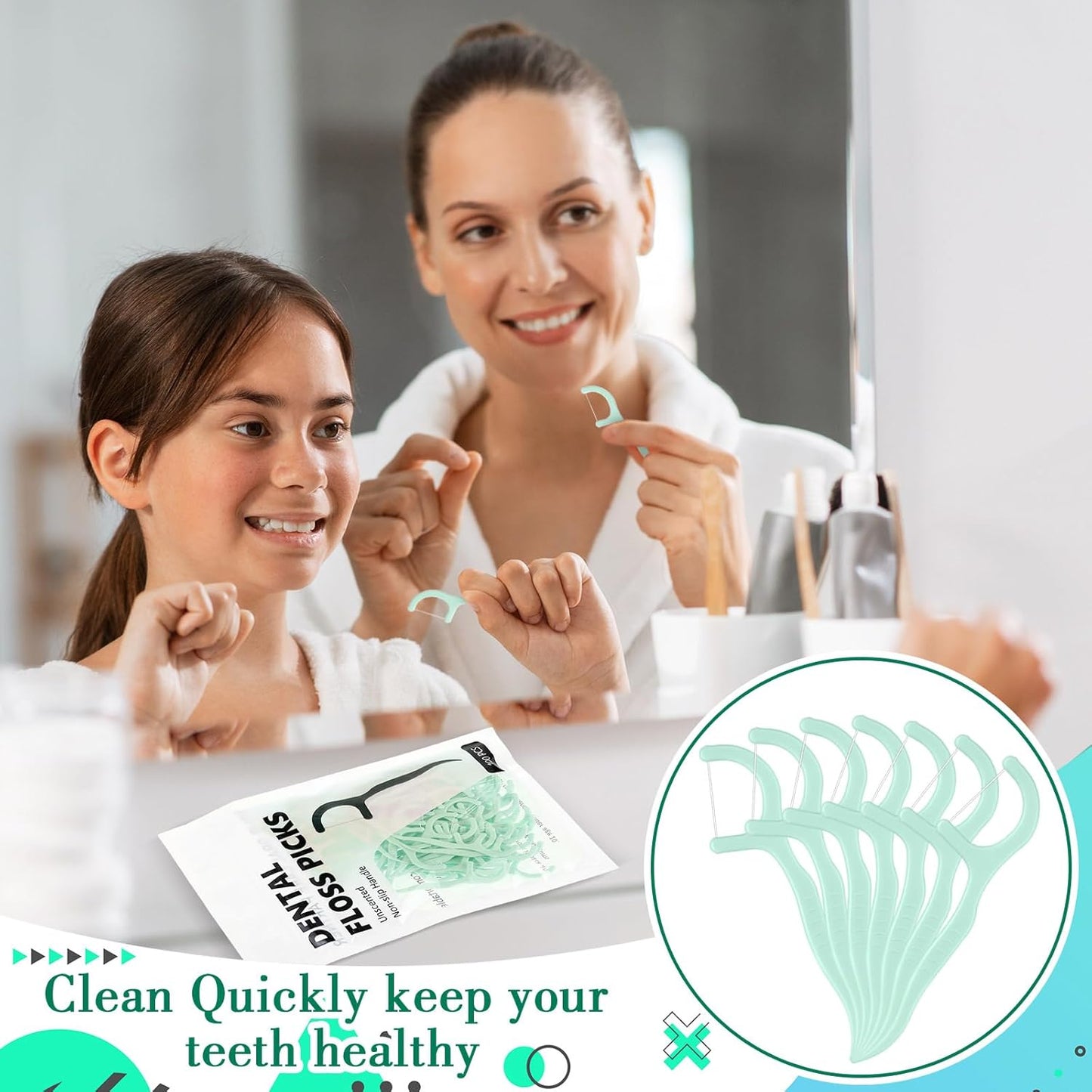 Baderke 200 Count Floss Picks Bulk Non Breakable Tooth Picks Flosser Dental Floss Sticks for Adults Teeth Cleaning Dental Flossers for Family Pack Travel(Light Green)