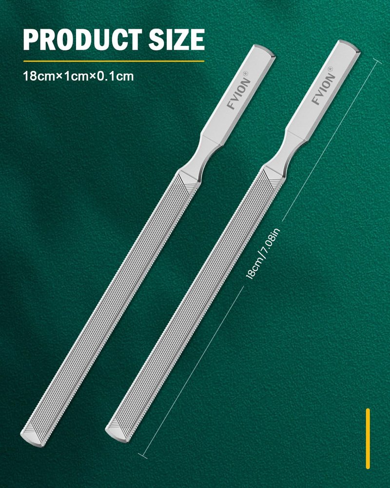FVION 2 PCS Stainless Steel Double-Sided Long Nail File for Thick Nails – Professional Toenail File, Durable and Efficient Nail Care Tool Ideal for Manicure Or Pedicure (Silver)