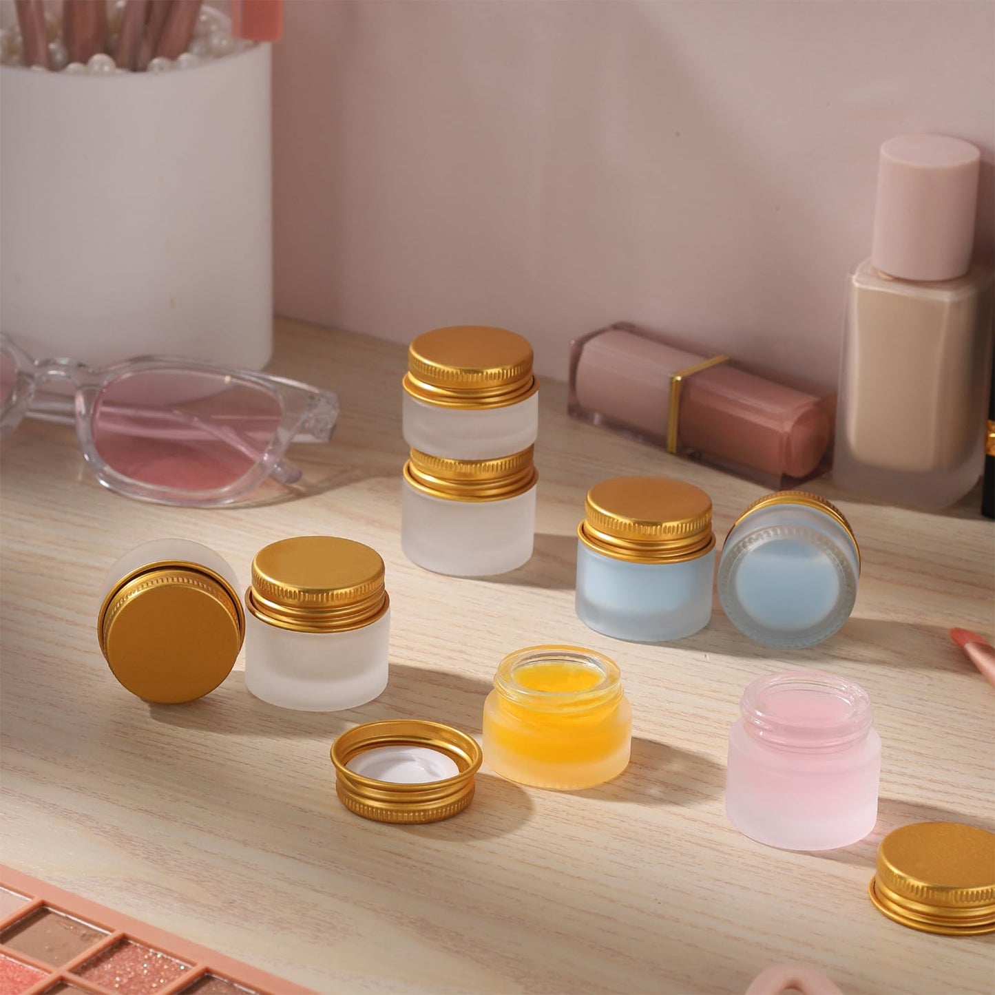 RAMFIYN 48 pack 10ml Frosted Glass Jars with Gold Lids Small Empty Travel Lotion Containers with Inner Liner Airtight Cosmetic Holder with Labels for Lip Balm Creams Body Butter