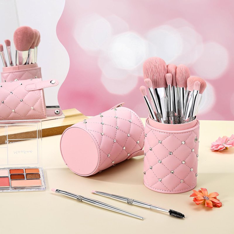 Baderke 11 Pcs Elegant Pink Soft Labeled Christmas Makeup Brushes Sets with Brush Holder Rhinestone Makeup Set with Silver Pink Foundation Powder Blush Blending Contour Brush