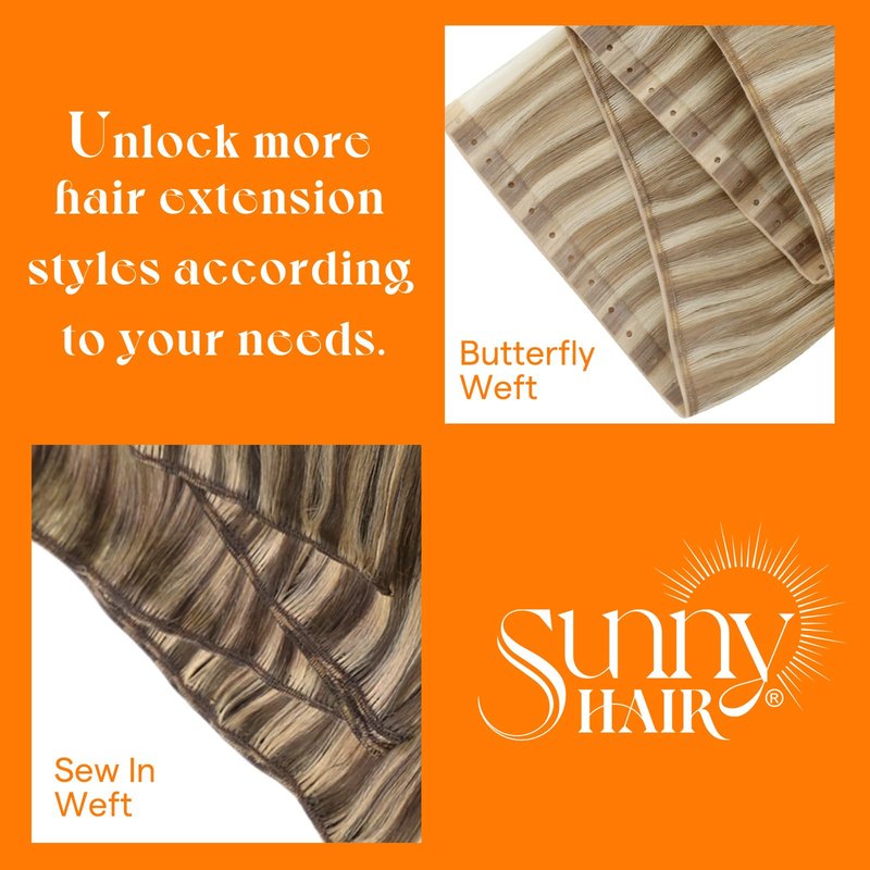 Sunny Hair Genius Weft Hair Extensions Human Hair Darkest Brown Seamless Hand-Tied Bundles Sew in Brown Soft Silky for Women Short Straight for Party 14 Inch 50G