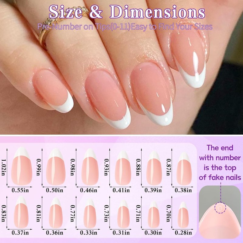 French Tip Press-On Nails - 216PC Medium Pink Almond Acrylic Set with Adhesive Tabs | Stylish Fake Nails