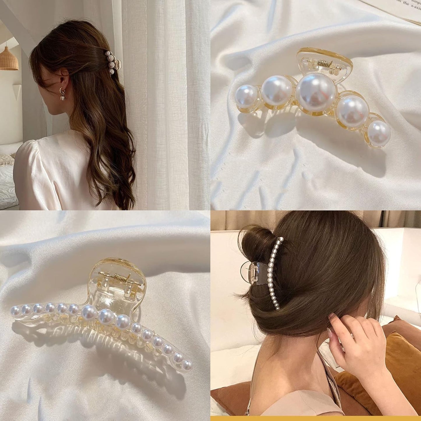 Mehayi 4 PCS Large Pearl Hair Claw Clips for Women Girls, Hair Barrette Clamps for Thick Thin Hair, Fashion Hair Accessories Headwear Styling Tools for Party Wedding