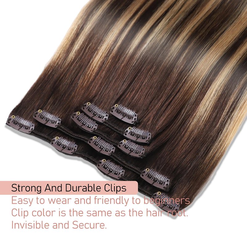 Clip in Hair Extension Real Human Hair Balayage Clip in Extensions for Women 80g/5pcs Balayage Chocolate Brown to Caramel Blonde Human Hair Extensions Clip ins 14 Inch Gift