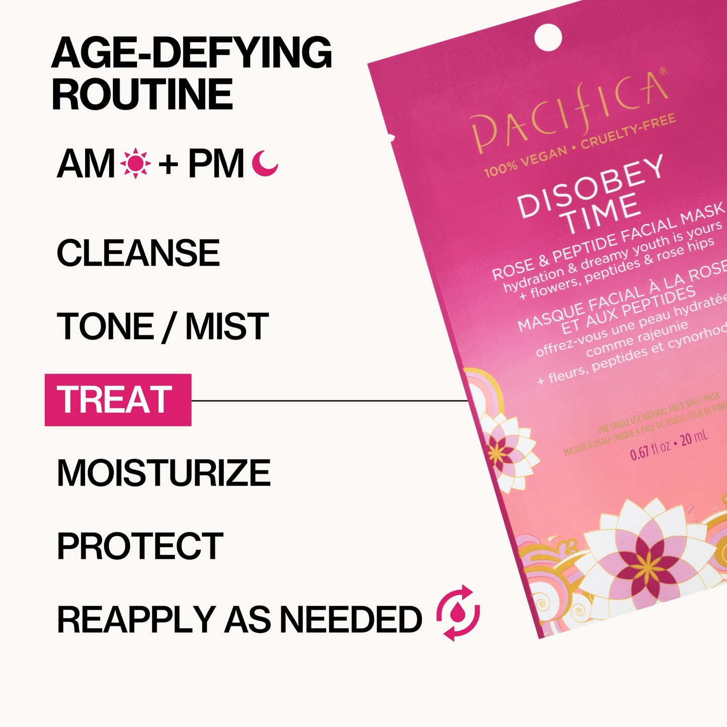 Pacifica Disobey Time Rose & Peptide Facial Sheet Mask 12-PACK Hydrating Anti-Aging Mask for Fine Lines & Dry Skin Infused w/Hyaluronic Acid & Chamomile Vegan & Cruelty-Free Dermatologist Tested