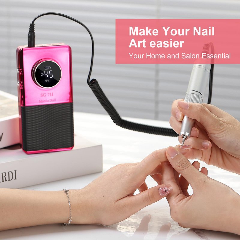 Electric 45000RPM Nail Drill Machine Rechargeable Portable Nail File Electric DIY Nail Drill Kit with Smart LCD Screen for Gel Nail Manicure and Pedicure Reflective Body etc (Pink)