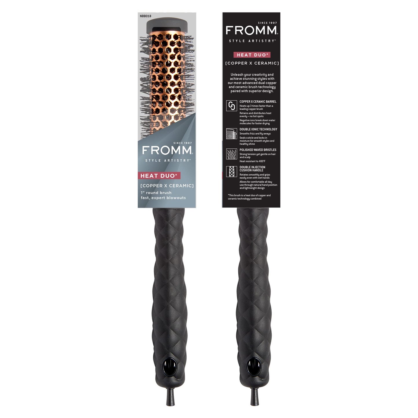 Fromm Heat Duo Copper x Ceramic 1" Round Brush for Expert Blowouts and Faster Hair Drying, Roller Hairbrush for Anti-static Styling, Smoothing, Straightening and Shine