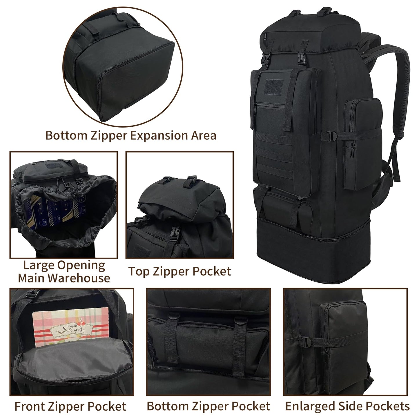 Vaupan Hiking Backpack, 100L Large Camping Backpack, Expandable Waterproof Molle Rucksack, Outdoor Sport Travel Daypack Military Tactical Back pack for Men Women (Black)