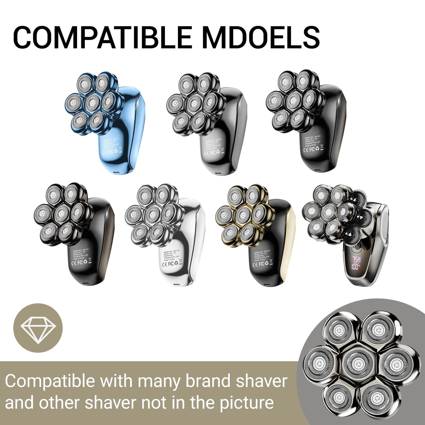 7D Floating Head Compatible with SHPAVVER Replacement Heads,Head Shaver Replacement Heads Compatible with SHPAVVER Electirc Shaver for Men,for Wyklaus/Cyruzi 7D Head Shavers for Bald Men.(Gold/2Pack)