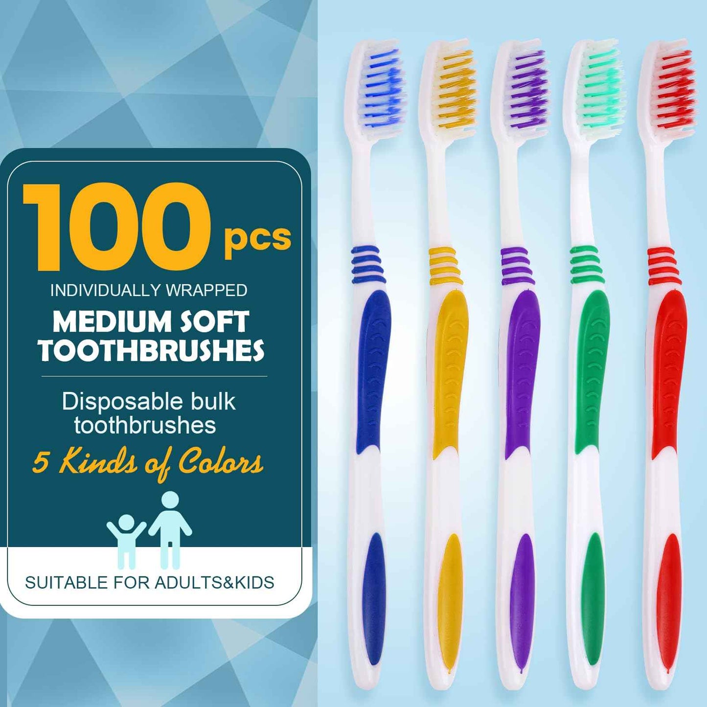 Navona 100 PCS Premium Individually Wrapped Bulk Toothbrush Pack, Disposable Toothbrushes, Kids Toothbrush, Medium Soft Bristle Toothbrushes, Ergonomics Handle, Perfect for Travel Hotel Donation