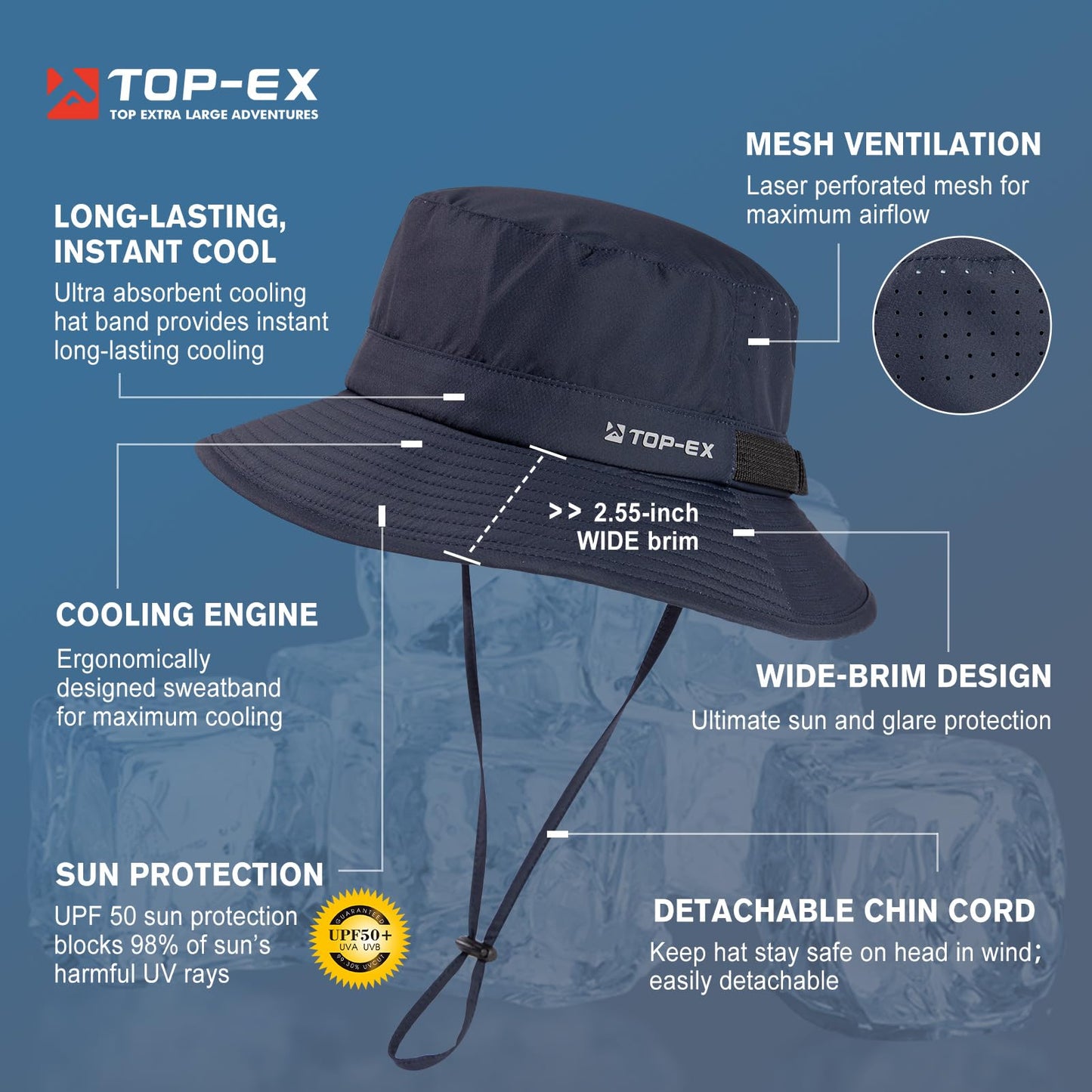 Mens Wide Brim Golf Bucket Cooling Sun Hat L XL Extra Large Size UV Protection Boonie Sunhat Summer Hiking Outdoor Fishing SPF50 Navy Blue