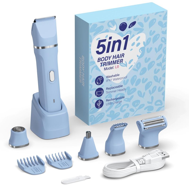 HOHOLE 5-in-1 Bikini Trimmer for Women, IPX7 Waterproof Electric Razors Shaver, Cordless Body Hair Trimmer, Facial & Pubic Hair Removal, Ceramic Blade (Sky Blue)