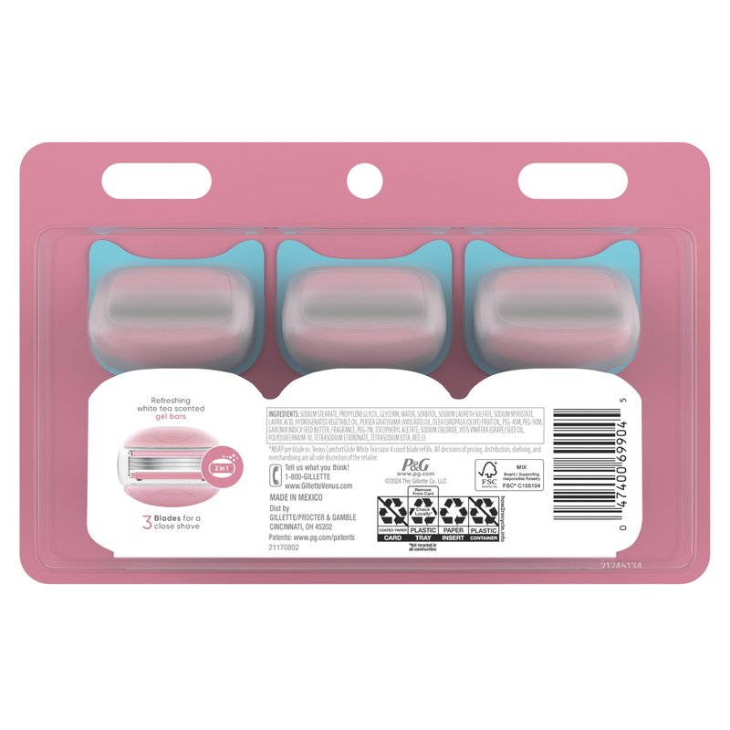 Venus ComfortGlide White Tea Women's Razor Blades, with Built-in Shave Gel Bars, 8 Razor Blade Refills
