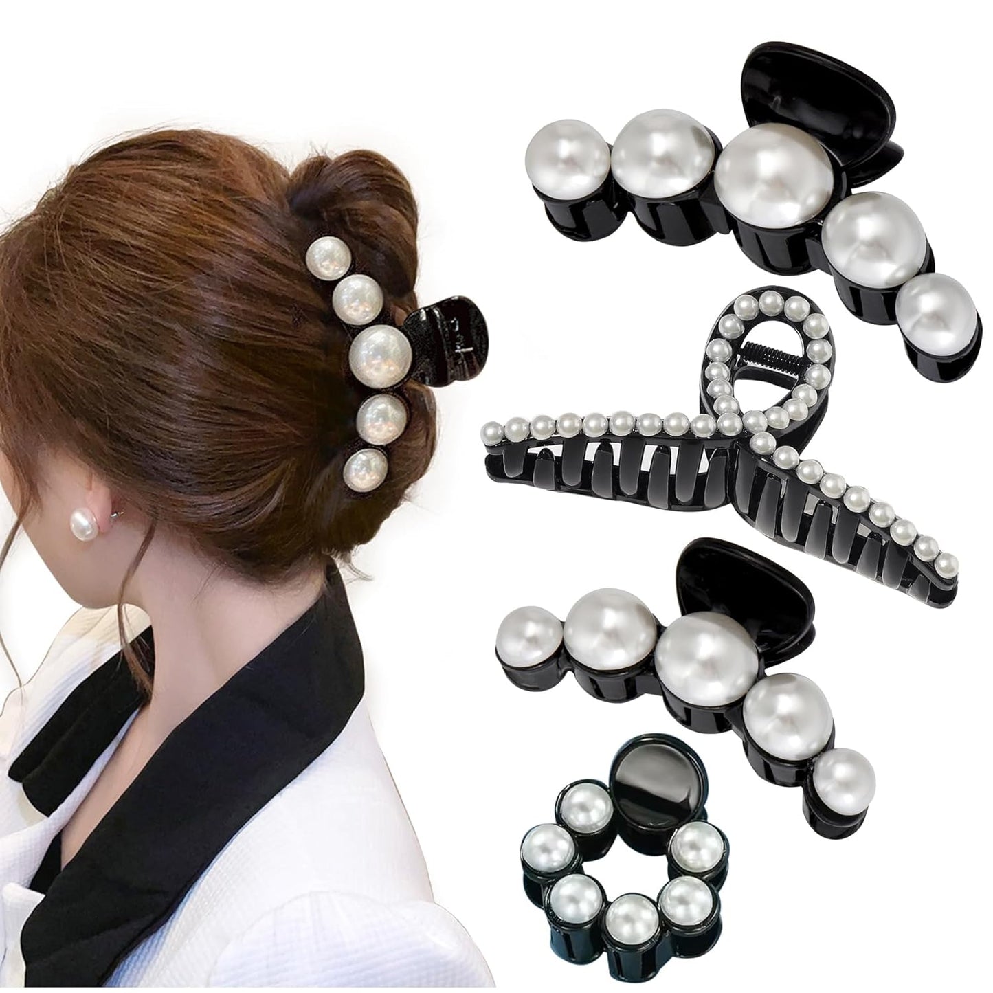 Mehayi 4 PCS Large Pearl Hair Claw Clips for Women Girls, Hair Barrette Clamps for Thick Thin Hair, Fashion Hair Accessories Headwear Styling Tools for Party Wedding