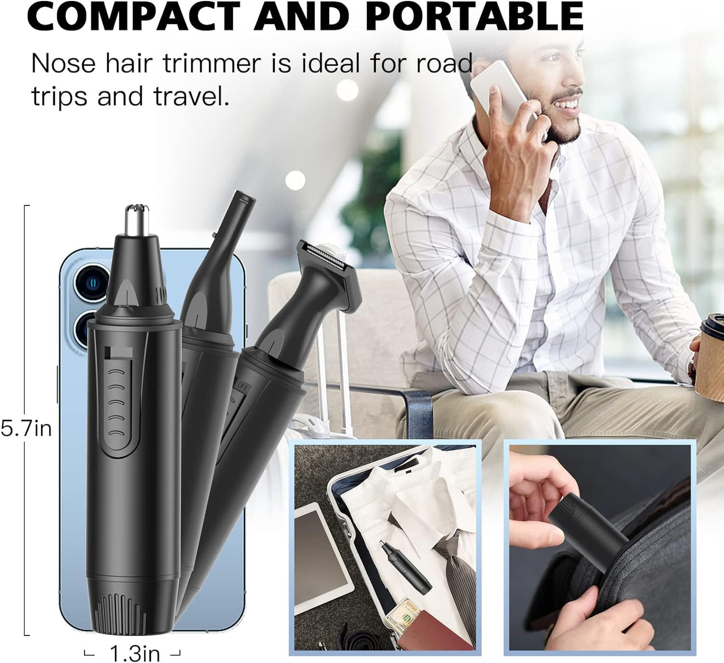 XOOMRSCP Nose Hair Trimmers for Men,Rechargeable Hair Trimmer 3 in 1 Painless Multifunctional Ear and Nose Hair Trimmer with IPX7 Waterproof Dual Edge Blades (Ink Black)