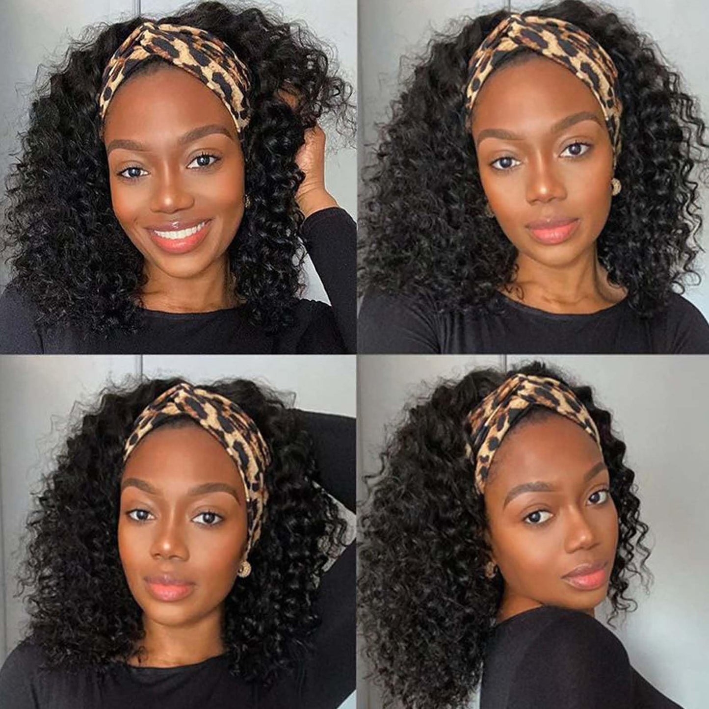 Punmasa Headband Wig Human Hair Deep Wave 12 Inches None Lace Front Wig Human Hair Machine Made Wigs 150% Density Headband Curly Human Hair Wigs for Women Natural Color Half wig