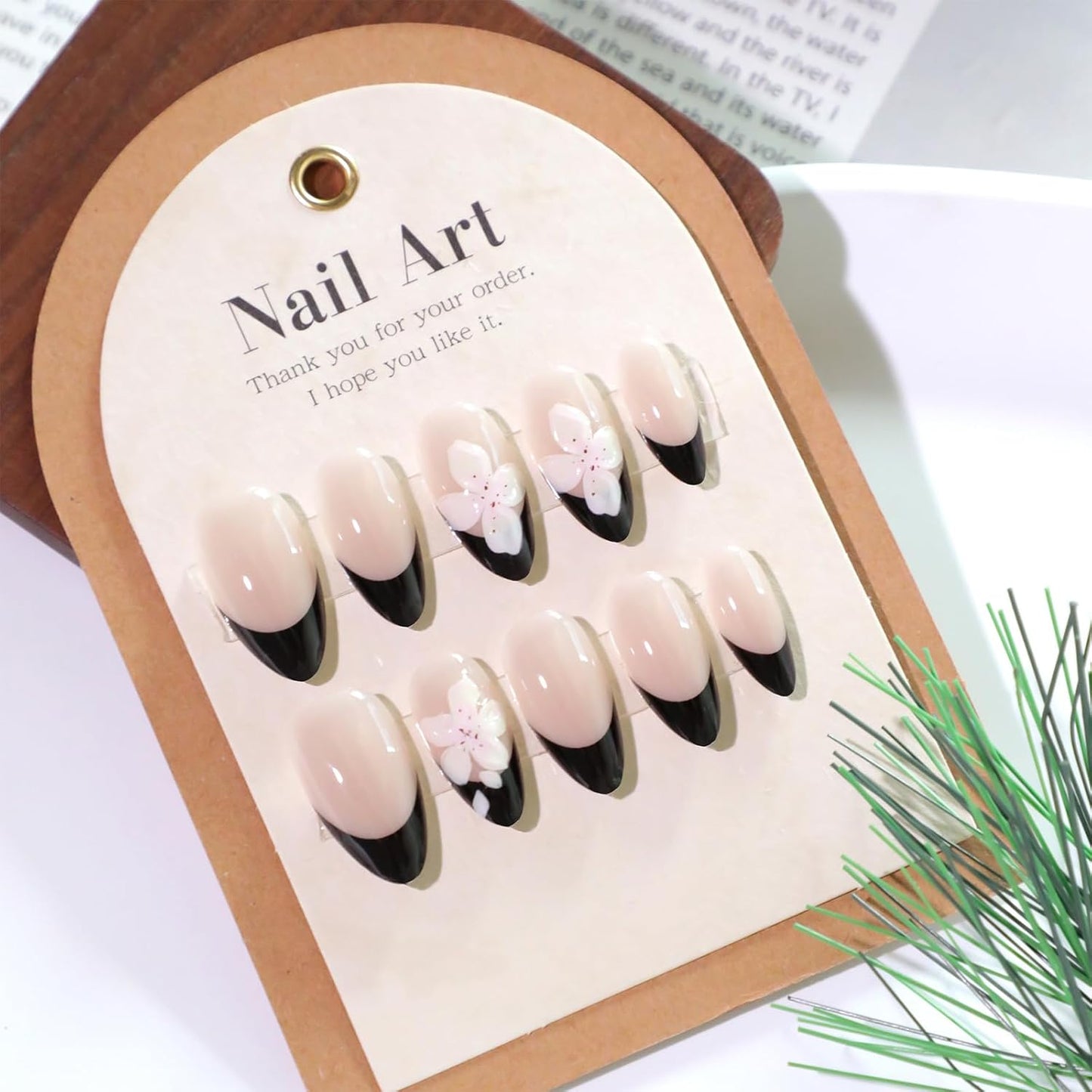 French Tip Almond Press-On Nails with Gold Bow | Reusable Glossy Acrylic False Nails for Women