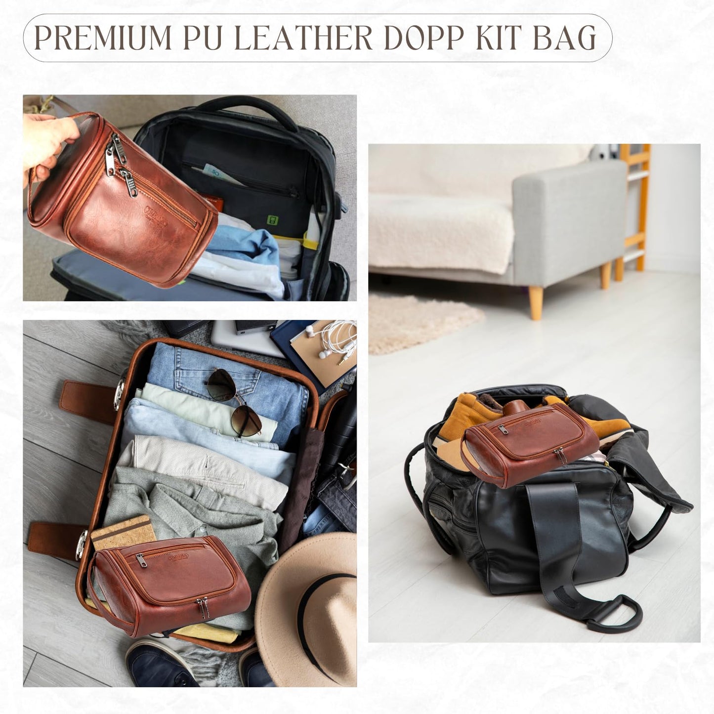 Cumbanho Mens Toiletry Bag,Compact Dopp Kit for Men Travel, PU Leather Shaving Kit, Water-Resistant Minimalist Organizer with Wrist Strap, Travel Toiletry Bag, Gift for Men,Large 10x6.5x4 Mocha Brown