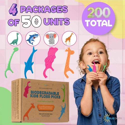 Biodegradable Kids Flossers -200 Pack, Natural Kids Floss Picks, Fluoride Free, Biodegradable Floss Pick, Organic Animal Dental Floss Picks, Dental Floss Sticks - 4 Fun Animal Designs