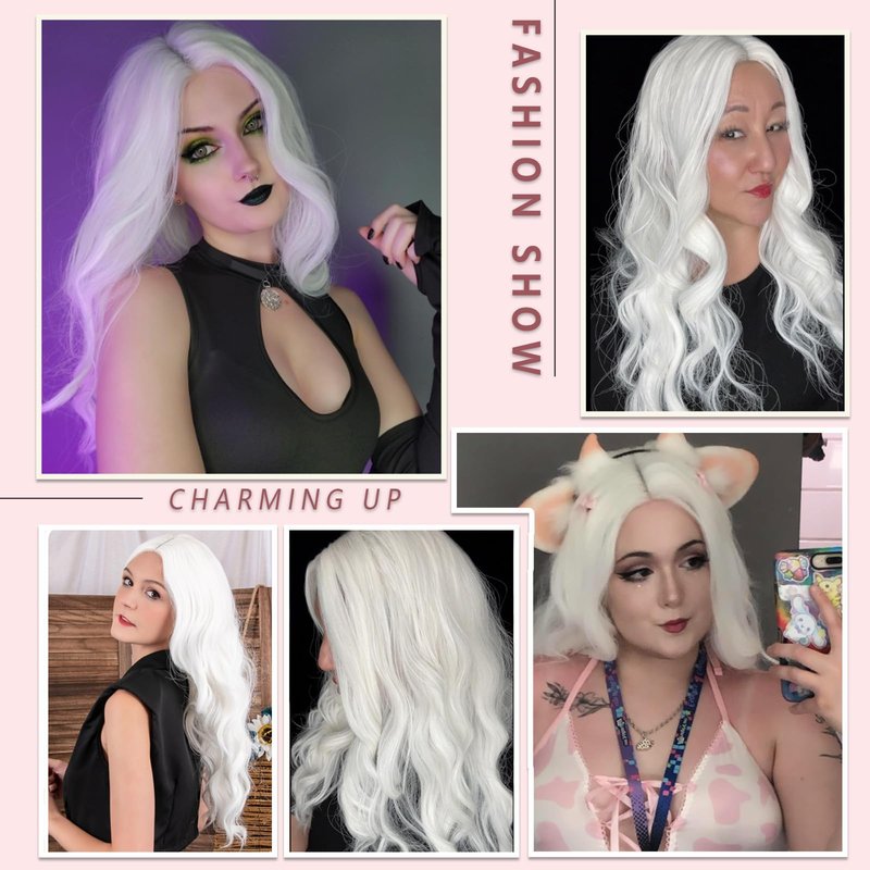 BEAUTIFA White Wig for Women, Long White Wavy Wig Middle Part 26 Inch Heat Resistant Synthetic Wigs for Daily Party Use