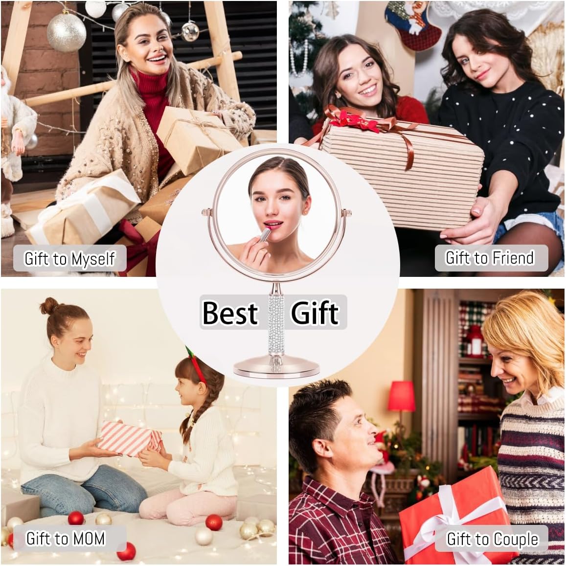 Rose Gold Glitter Makeup Mirror - 360° Rotating Double-Sided 1X/10X HD Vanity Mirror | Portable Gift for Women