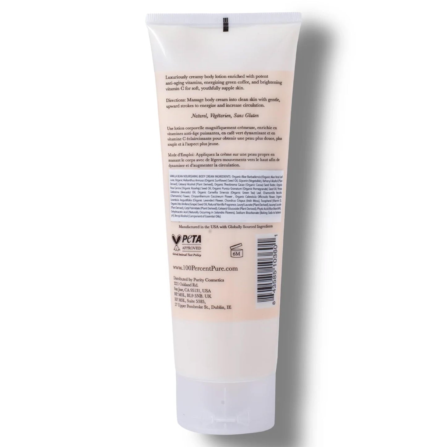 100% PURE Nourishing Body Cream Vanilla Bean Lotion Luxurious Dry Skin Hydration & Replenishment Natural Anti-Aging Moisturizer & Skincare for All Skin Types Women & Men - Vegan - 8 oz