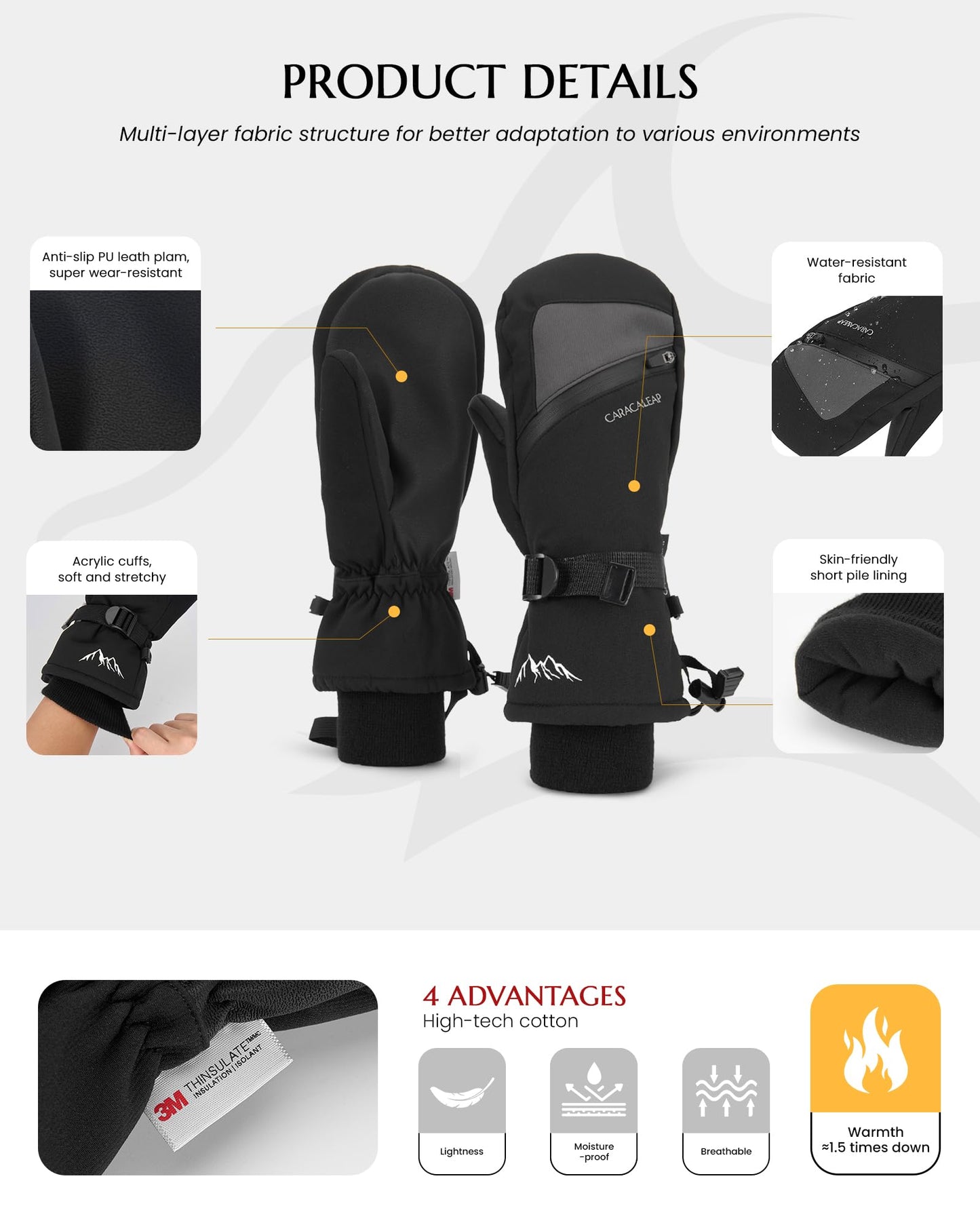 Winter Ski Mittens for Men Women Cold Weather- Warm Snow Snowboard Mittens Gloves Windproof & Waterproof, Thinsulate Warm Snow Sports Mitts with Pocket Skiing Snowboarding Mitts Gloves Black XS-S