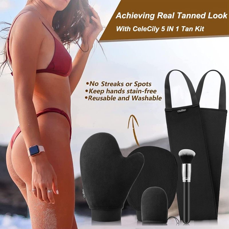CeleCily 5-in-1 Self Tanner Mitt Applicator Kit - Professional Self Tanning Mitt Back Applicator, Mini Mitt, Brush and Exfoliator,No Streaks, No Orange Palms, Double-Sided Washable Tanning Gloves Set