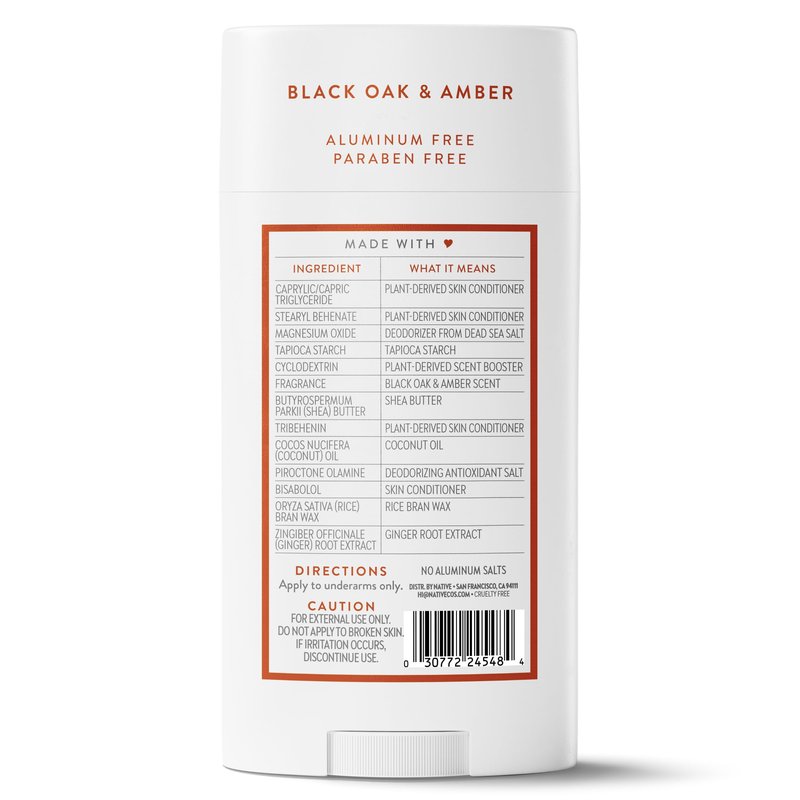 Native Aluminum Free Deodorant, Black Oak & Amber, Large Size Stick, 72 Hour Odor Control, for Women & Men, Contains Naturally Derived Ingredients, 3.1 oz