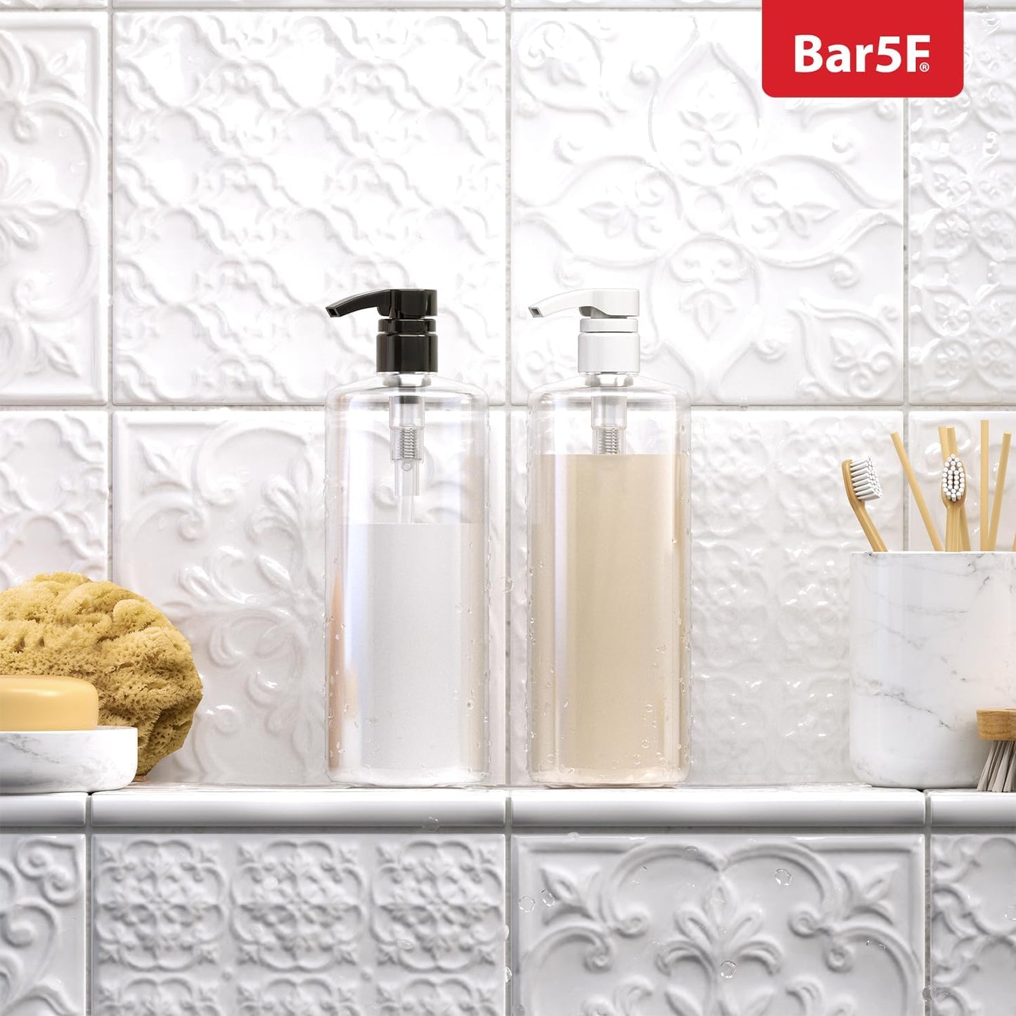 Bar5F 1-Liter Pumps for Shampoo and Conditioner Bottles for 33.8-Ounce Professional Salon Brands (White & Black)