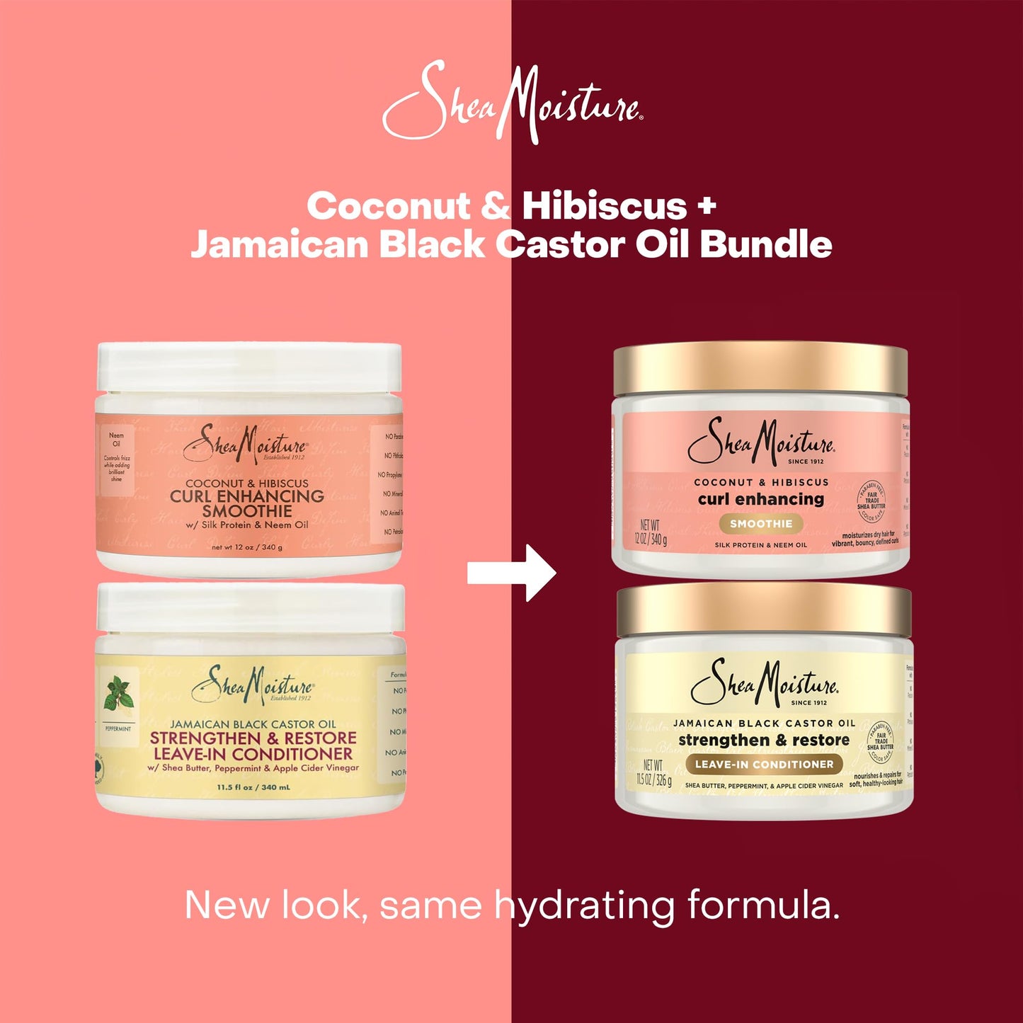 SheaMoisture Leave-In Conditioner Bundle, Coconut & Hibiscus Curl Enhancing Smoothie for Curly Hair, Frizz Control + Jamaican Black Castor Oil Strengthen & Restore for Hair Repair