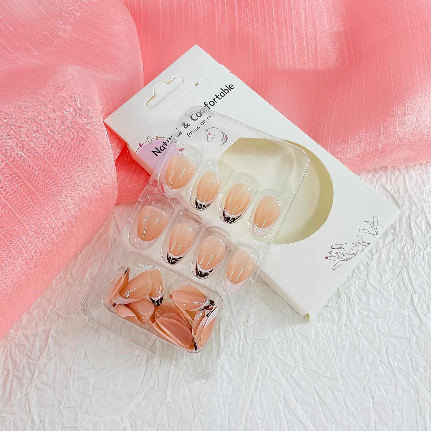 French Tip Almond Press-On Nails with Gold Bow | Reusable Glossy Acrylic False Nails for Women