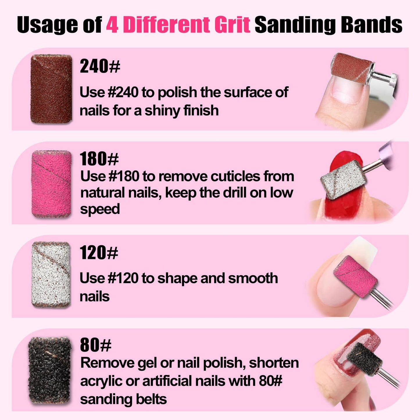 Nail Drill Bits, 135 Pcs Sanding Bands for Nail Drill, Nail Tips for Drill Bits Nail Tech, Mix 80#120#180#240# Fine Grit File Sanding Bands for Acrylic Gel Manicures Pedicure