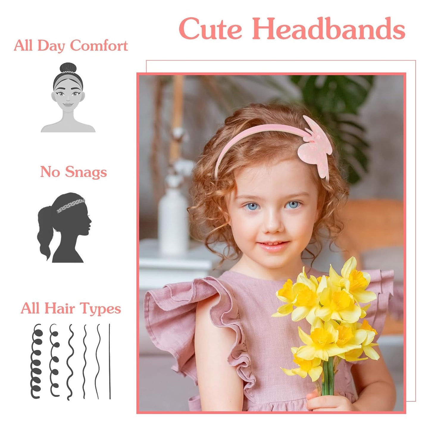 6 Pack Girls Headbands with Bow, Colorful Glitter Kids Headbands for Little Girls with Plastic Sparkly Bow Butterfly Floral Toddlers Hair Accessories