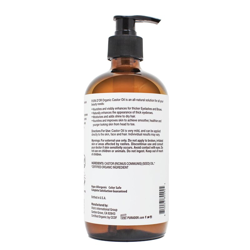 PURA D'OR ORGANIC Castor Oil (16.9 Oz GLASS BOTTLE) Pure Cold-Pressed Hexane-Free USDA Certified – Lashes Brows Hair Scalp Skin – Botanical Moisturizer for Softness Strength Hydration Shine Radiance
