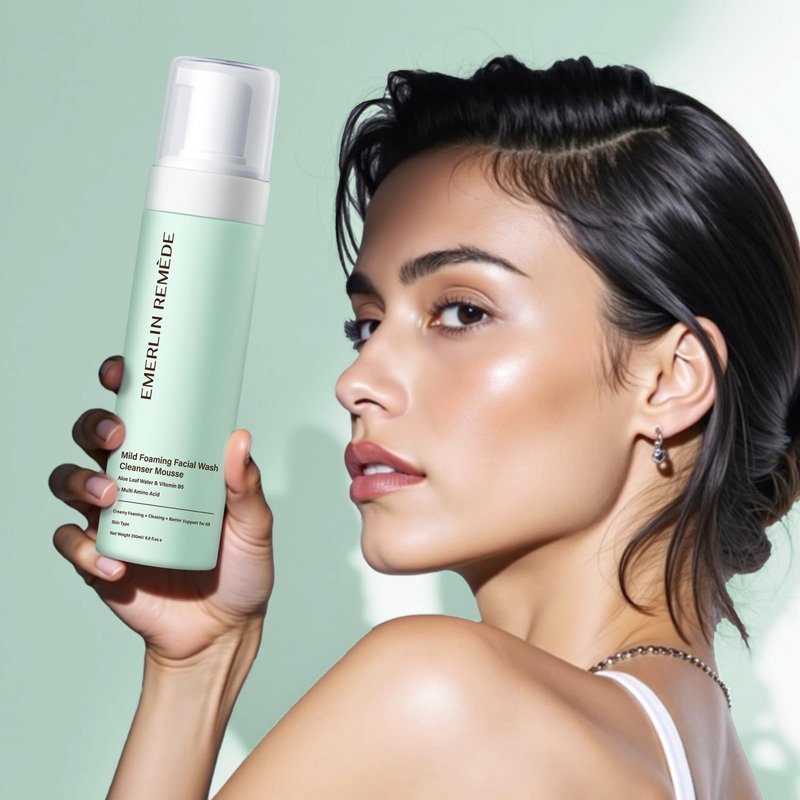 Emerlin Remède Mild Foaming Facial Wash Cleanser Mousse with Aloe Leaf Water, Amino Acids & Vitamin B5, Gentle Hydrating Face Wash for All Skin Types, 200ml