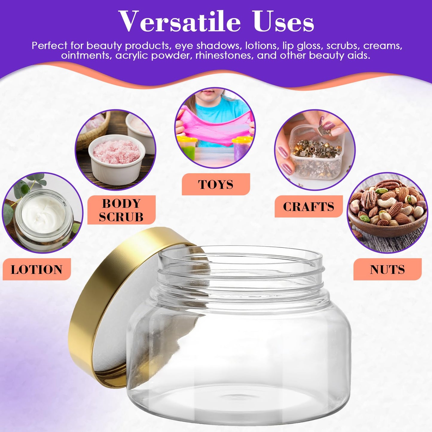 36 Pack 8 oz Plastic Cosmetic Containers With Lids Refillable Clear Empty Travle Jars Containers for Body Butter,Sugar Scrubs,Cream,Lotions,Candy, Waterproof Label&Spatulas - (White Lid)