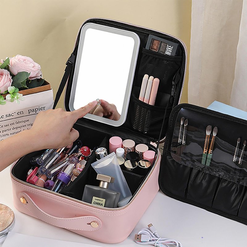 Linsiter Professional Makeup bag with Mirror and Light, Cosmetic Train Cases Waterproof PU Leather, Large Capacity, Pink