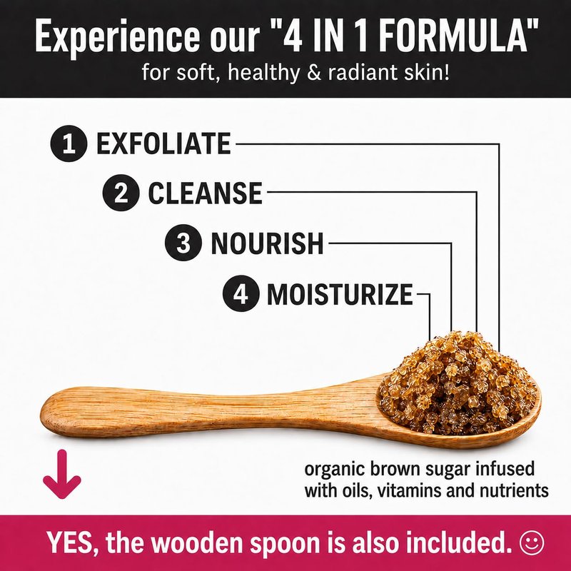 Premium Unscented Brown Sugar Body Scrub - 16oz Jar | Exfoliating Face, Feet & Full Body Care with Spoon & Loofah