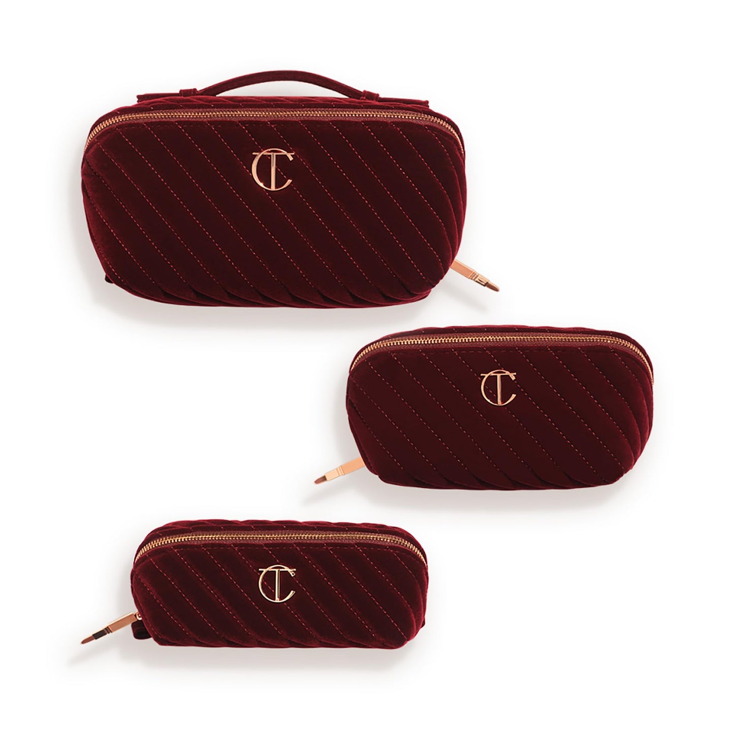 Charlotte Tilbury Mini Travel Makeup Bag of My Dreams - Quilted Velvet Skincare, Fragrance & Cosmetic Organizer with 2 Compartments & Zip Pocket - Iconic Night Crimson Toiletry Bag