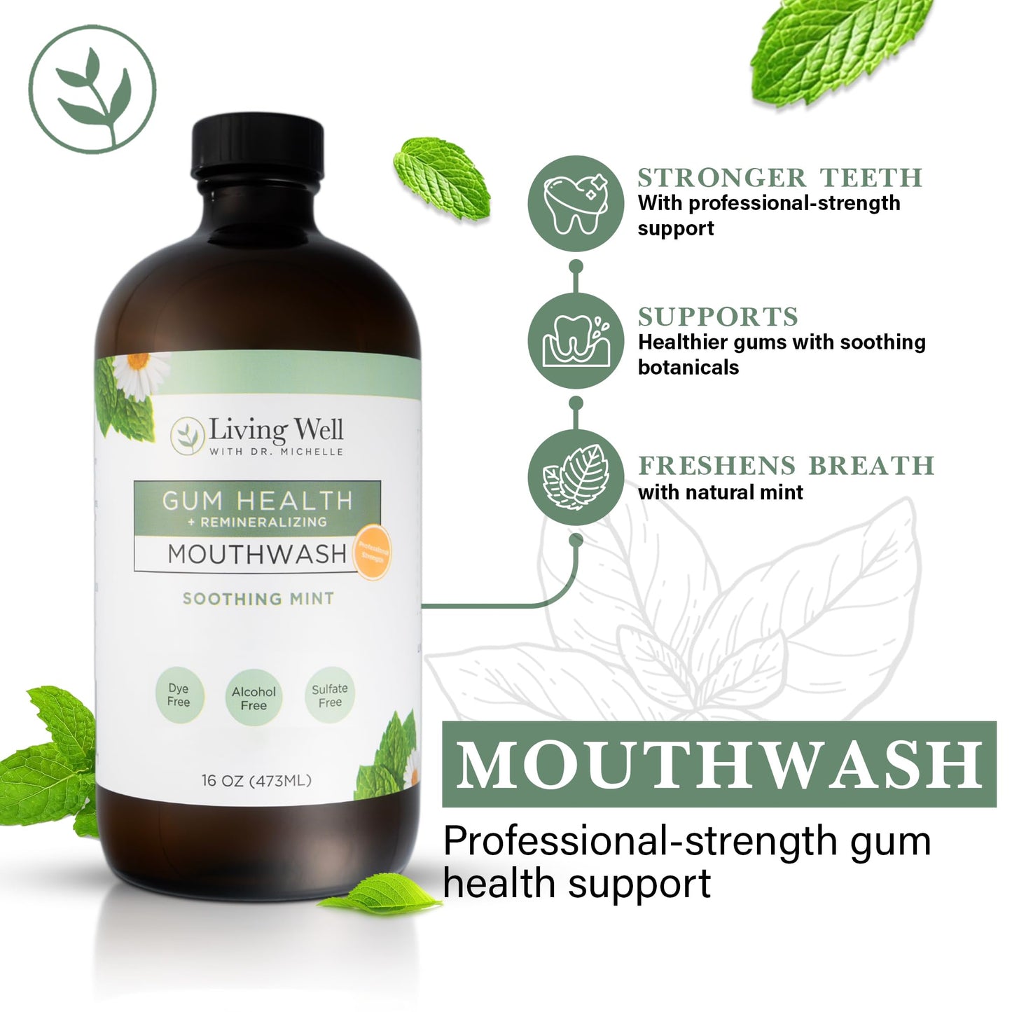 Living Well with Dr. Michelle Remineralizing + Gum Health Mouthwash – Soothing Mint | Hydroxyapatite, Colloidal Silver | Alcohol-Free, Fluoride-Free, Fresh Breath Support