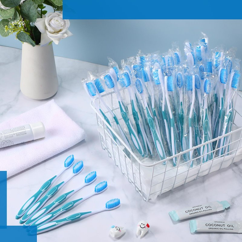 RimCereal 100 Pcs Prepasted Disposable Toothbrushes Individually Wrapped Pre Pasted Soft Bristle Tooth Brush Travel Toothbrush for Camping Guestroom Car Office School Hotel Homeless Gifts (Blue)