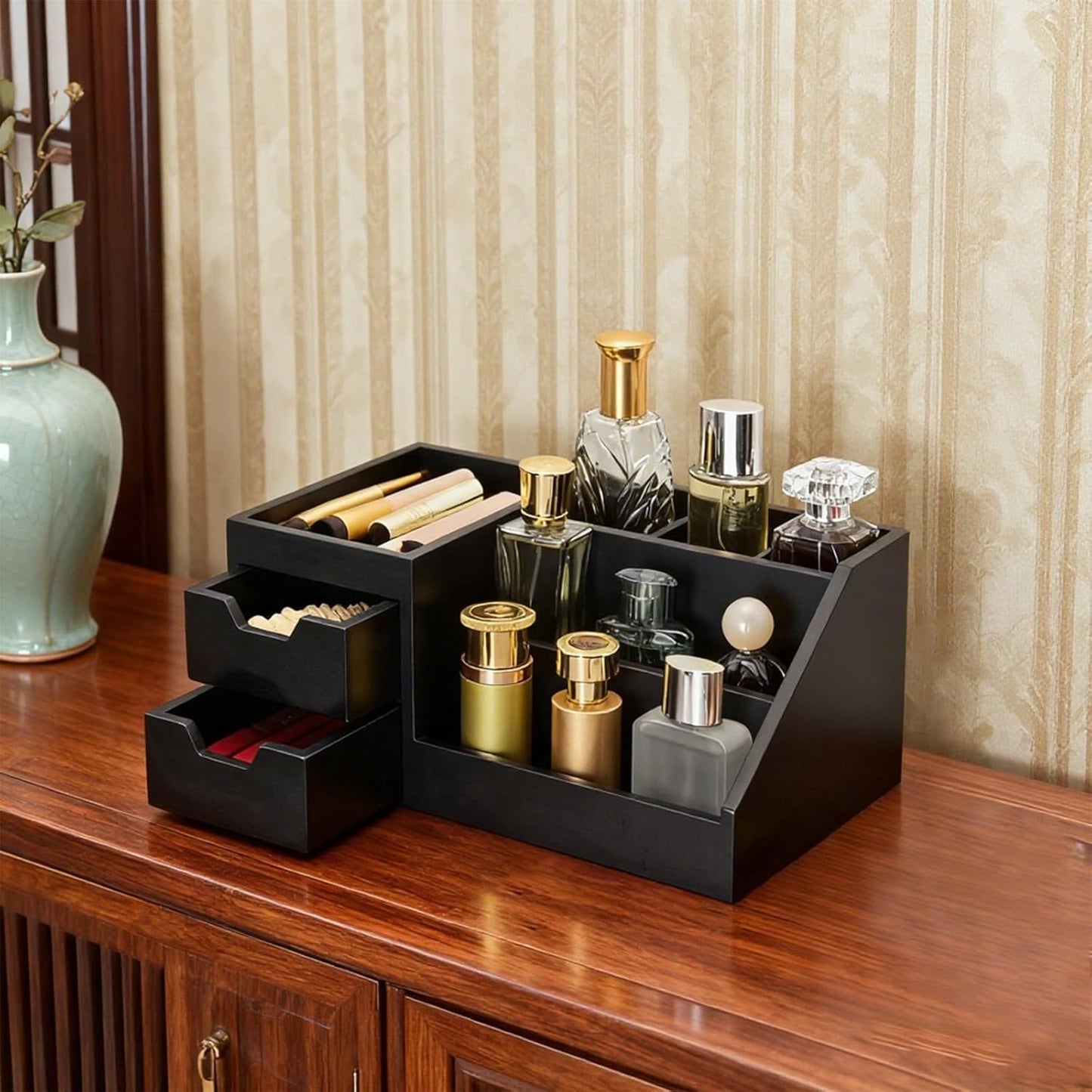 Perfume & Makeup Organizer - Wooden Countertop Rack for Cologne, Skincare & Dresser | Black, Medium Size