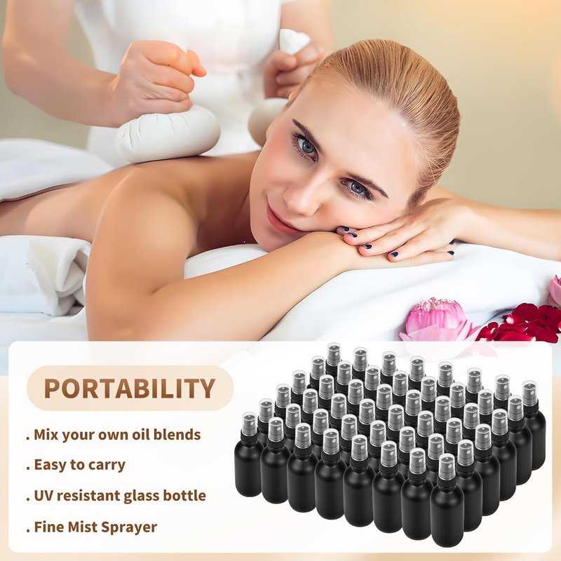 Billionstars 48 Pack 2oz Glass Boston Round Bottles - Fine Mist Sprayer for Essential Oils & Beauty | Leakproof Black Frosted