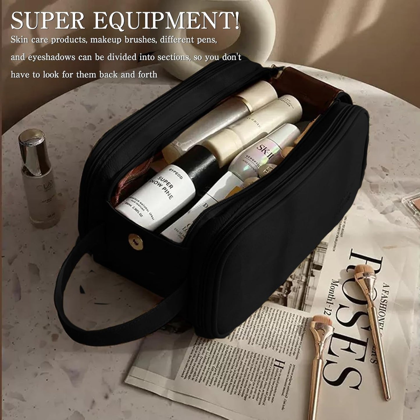 Large Capacity 3-Tier Cosmetic Makeup Bag - Double Zipper Travel Organizer for Makeup & Toiletries | Black